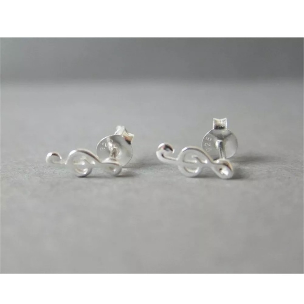 925 Silver Small Treble Clef Music Earrings - Picture 3 of 3